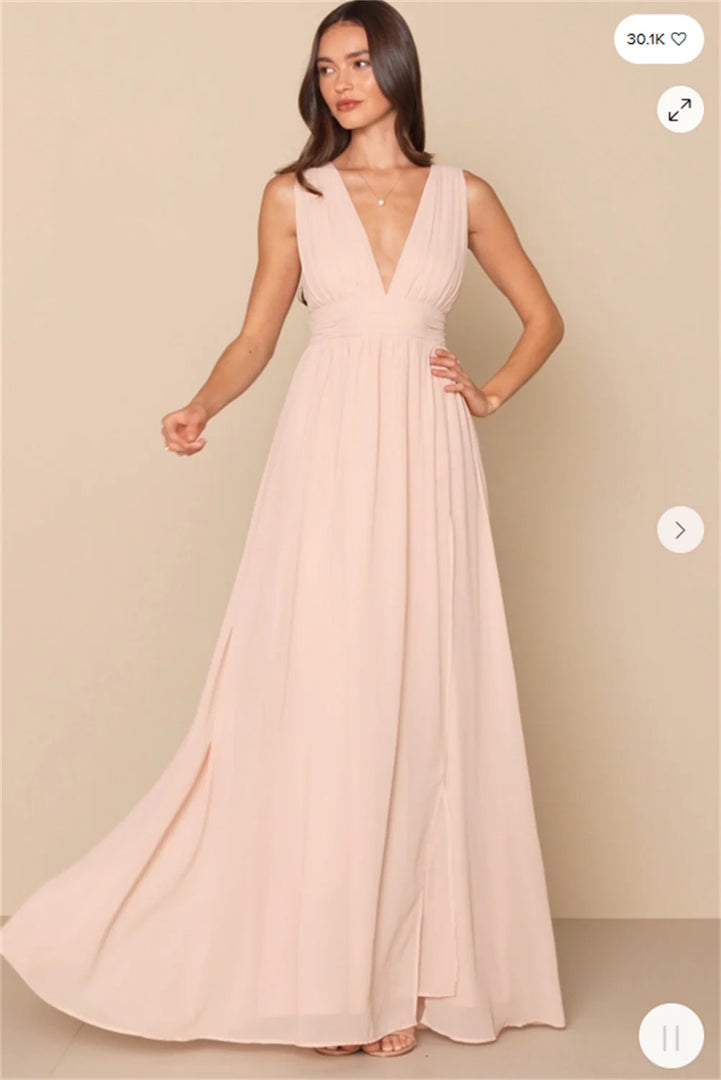 Evening Dresses Women's Formal Evening Gowns V Neck Sleeveless Draped High Slit Elegant Prom Party Gown Vestidos De Fiesta