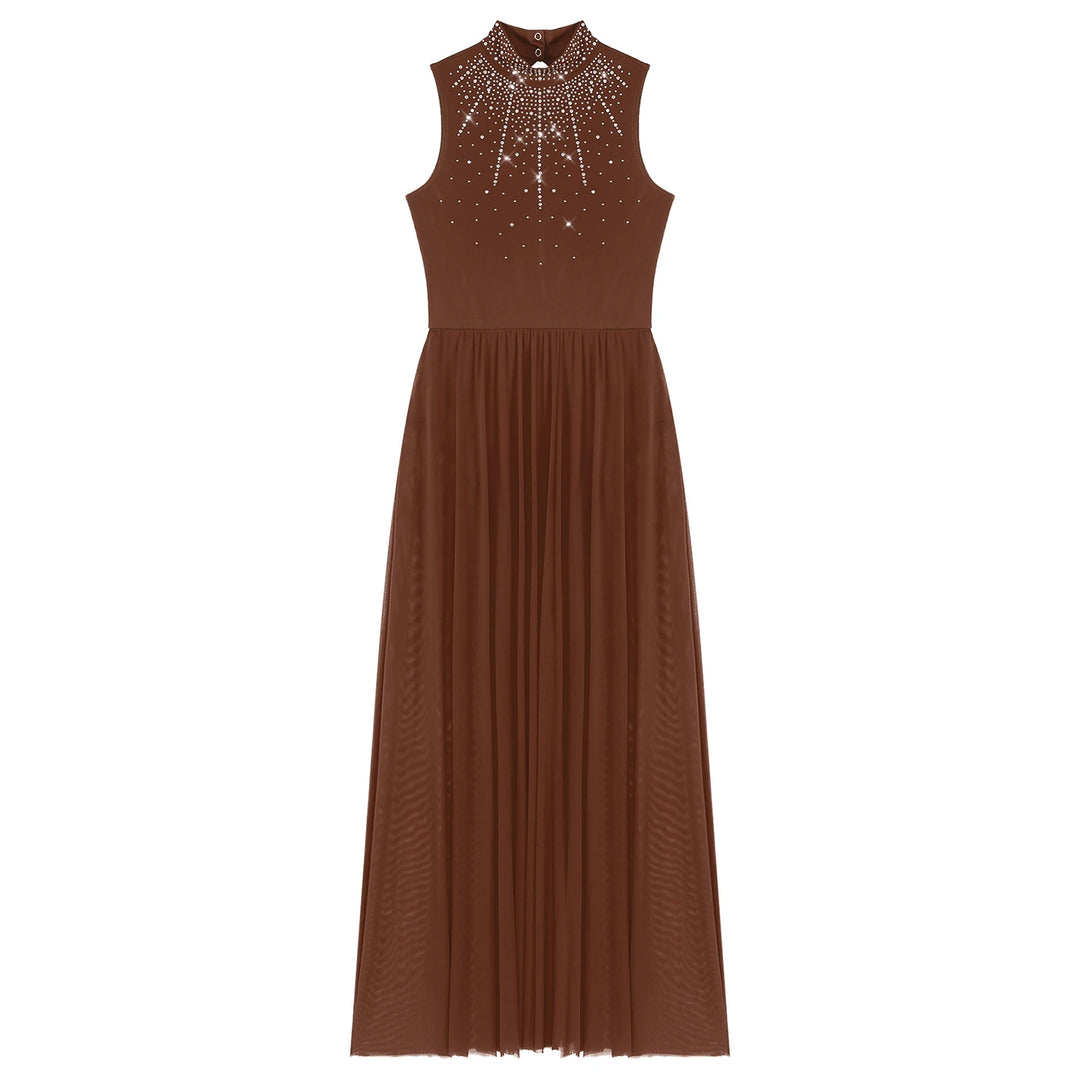 Womens Lyrical Dance Dresses Mock Neck Wide Hemline Shiny Rhinestones Maxi Dress Sleeveless Modern Contemporary Leotard Dresses