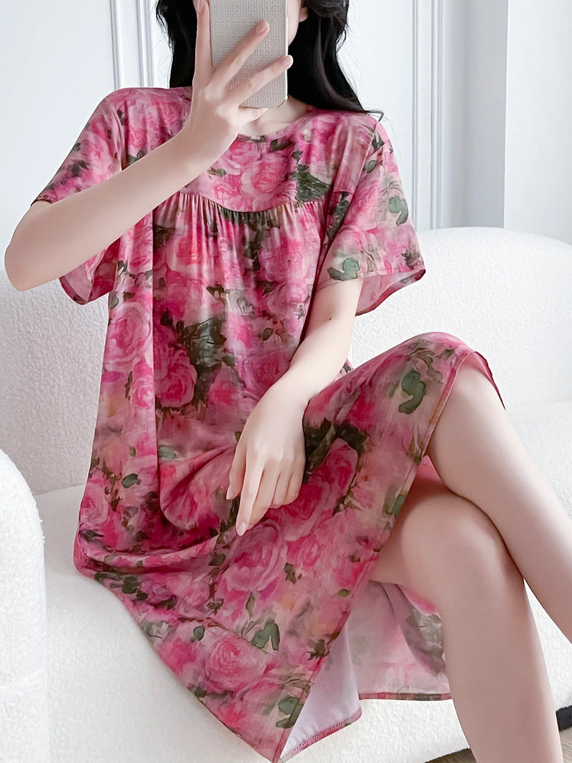 Women's Cotton Silk Sleep Dress Thin Short Sleeve Long Summer Breathable Sweat Absorbent Outerwear Casual Home Leisure Print