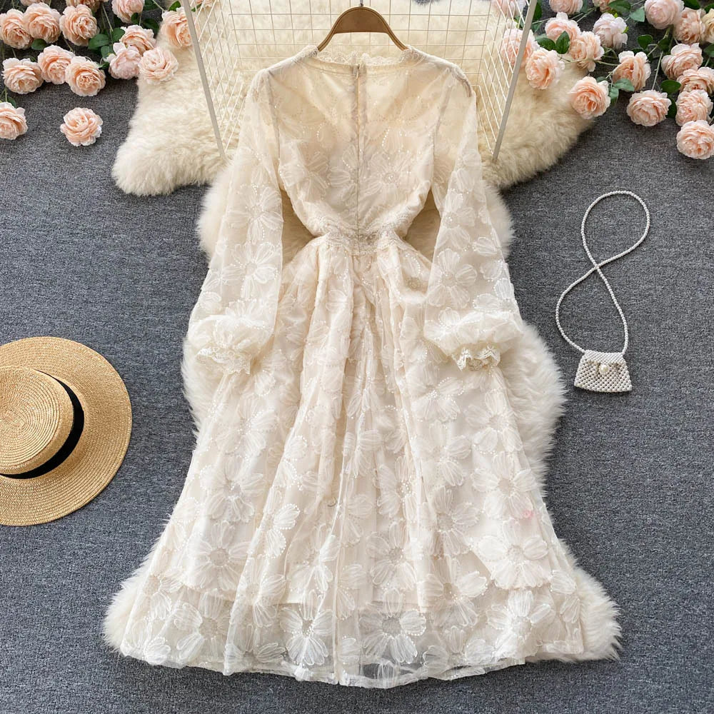 Women Dresses Lace Floral A Line Full Sleeve Dress Tight Waist Elegant V Neck Vestidos Casual Button Summer Office Lady