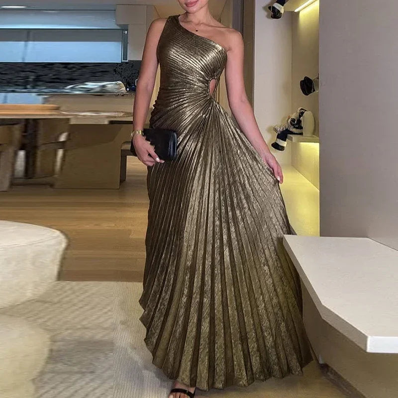 Women's Dresses Sexy Symmetrical Hollow Pleats Long Dress Ladies Fashion Slanted Neck High Waist Party Dress Elegant Solid Dress