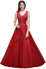 Load image into Gallery viewer, Women Burgundy Evening Dress Lace Appliques Tulle V-Neck Sexy Backless Prom Dresses A-Line Floor-Length Sleeveless Party Vestido