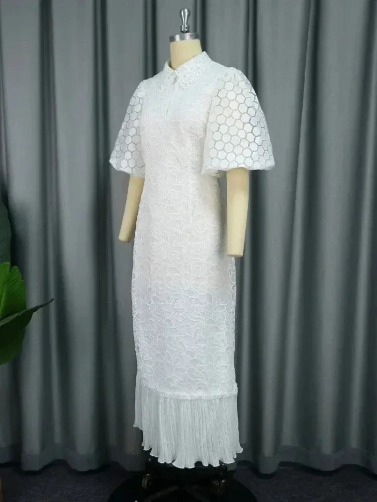 White Lace Dresses for Women Wedding Guests Elegant Turn Down Collar Puff Sleeves Pleated Hem Midi Dress Luxury Occasion Clothes