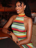 Load image into Gallery viewer, Kliou Stripe Patchwork Mini Dress Woman Bandage Halter Off Shoulder Backless Skinny Peach Hip Hot Girls Street Fashion Bodycon