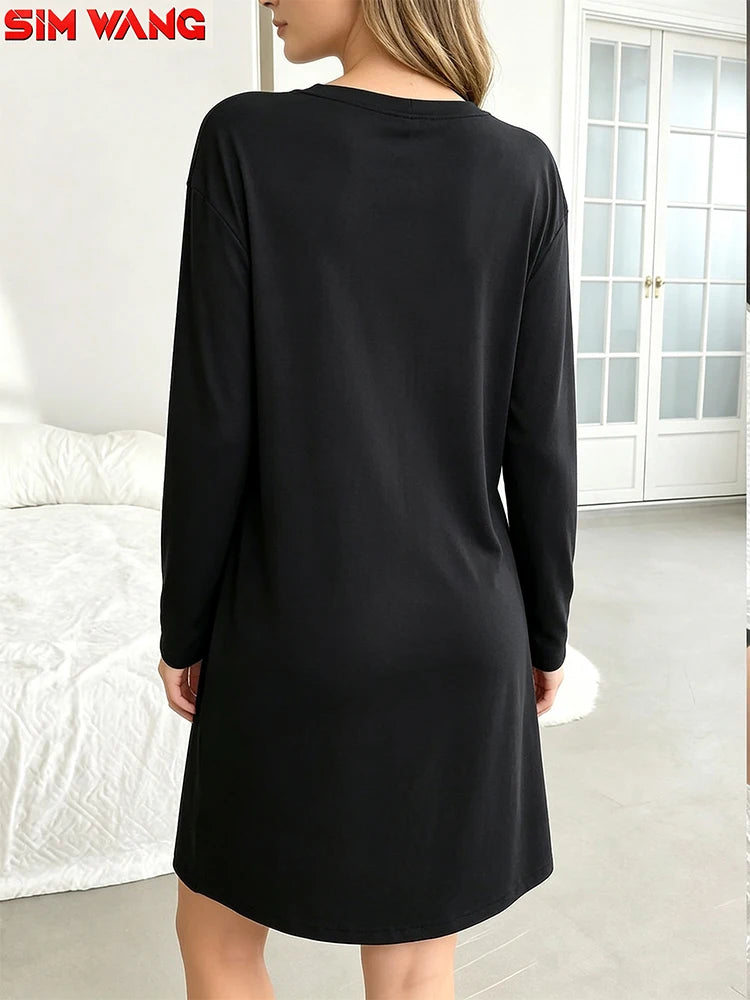 Long-Sleeved Dress for Women. Loose Round-Neck Long-Style Solid-Color Basic Home-Style Casual Dress.