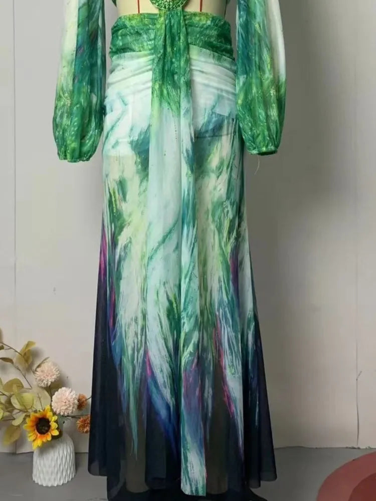 Women's Dress 2025 Fashion Summer New Vestidos Para Mujer Women's Vacation Elegant Style Long Sleeve Split Printed Slit Dresses