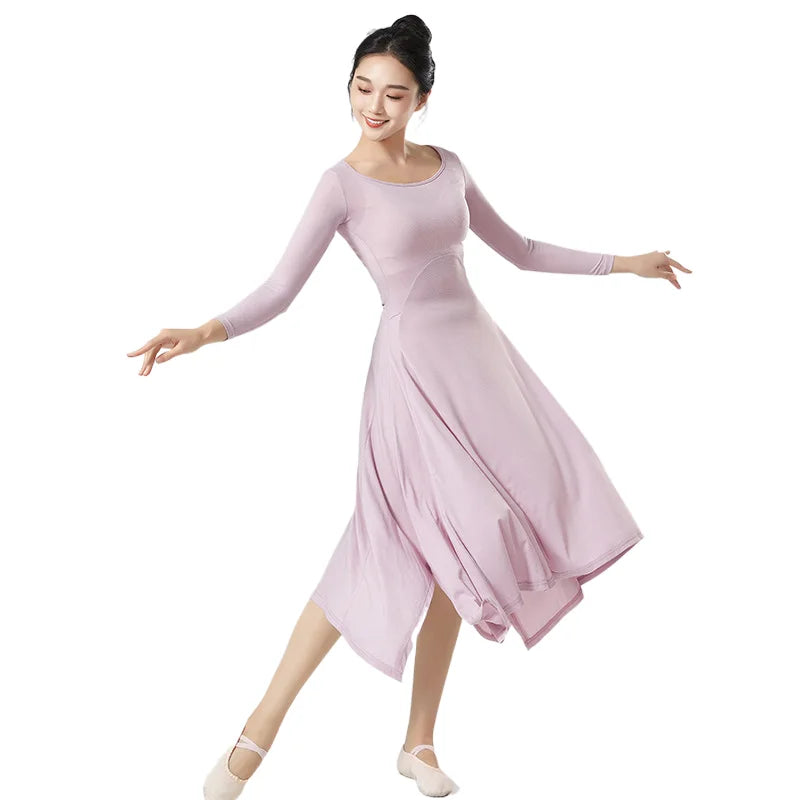 Women Modern Dance Long Dress  Solid Ice Silk Practice Clothes Big U Collar Irregular Split Hemline Folk Dancer Worship Costume