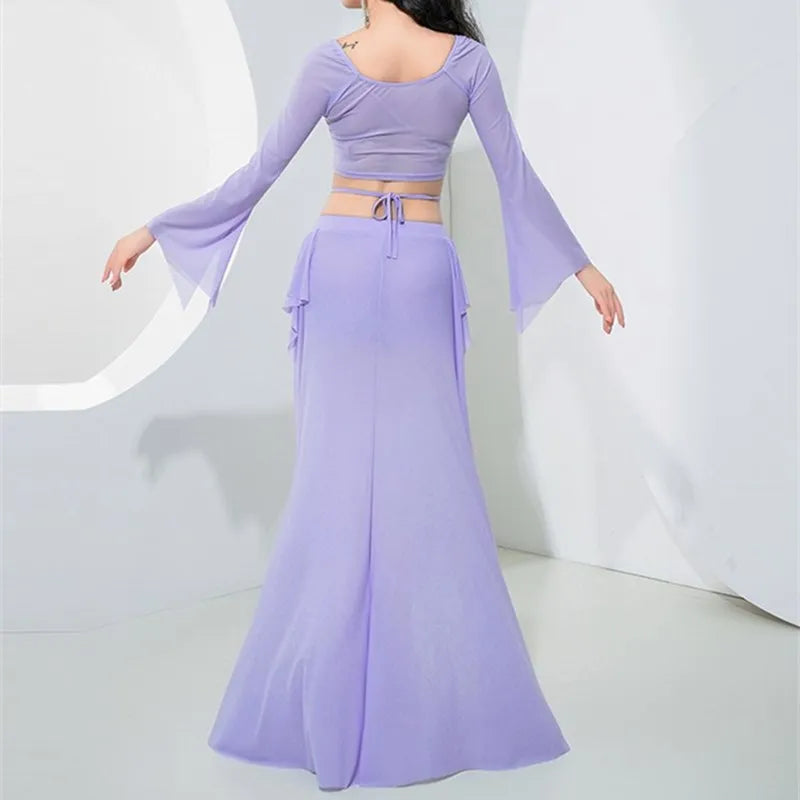 Women Adult Costumes  Horn Long Sleeve Oriental Dance Dress Sparkle Rhinestone Shine Skirt Sexy Side Split Carnival Fantasy New