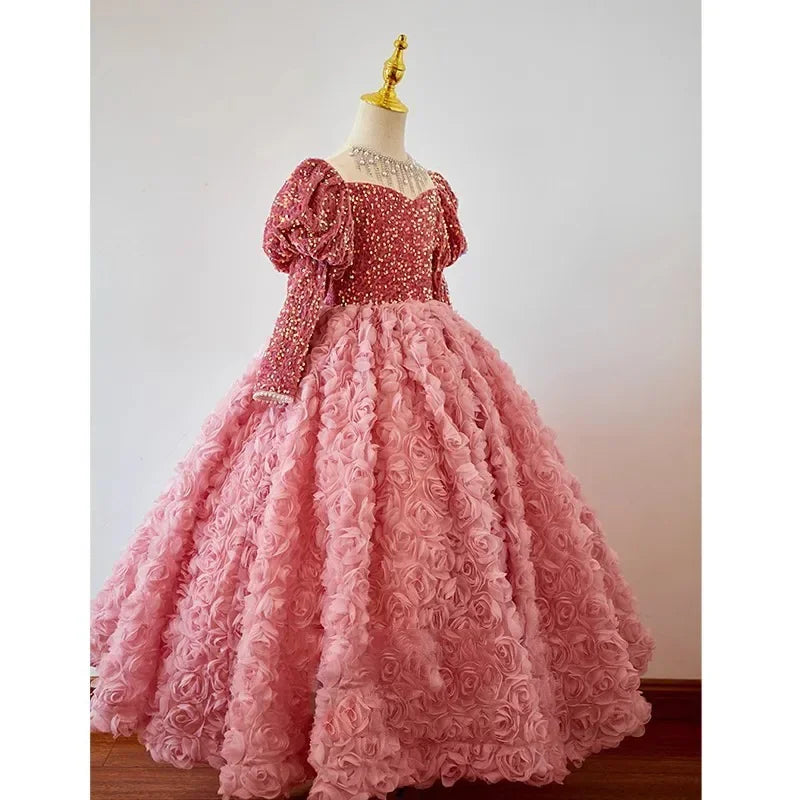 Children's Dress for Kids Girls Pink Beautiful Shiny Host Birthday Banquet Princess Dresses Rose Clothes Girls Piano Performance