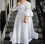 Load image into Gallery viewer, White Lace Dresses for Women Wedding Guests Elegant Turn Down Collar Puff Sleeves Pleated Hem Midi Dress Luxury Occasion Clothes