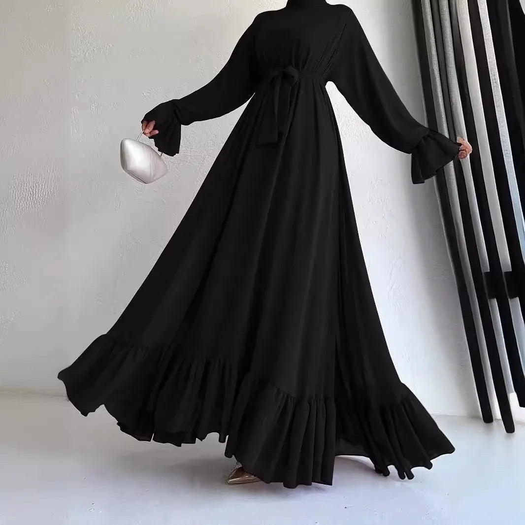 Muslim Women's Dress Casual Fashion Middle Eastern Chiffon Round Neck Tie-Dye with Belt Long Temperament Elegant Arab Dress