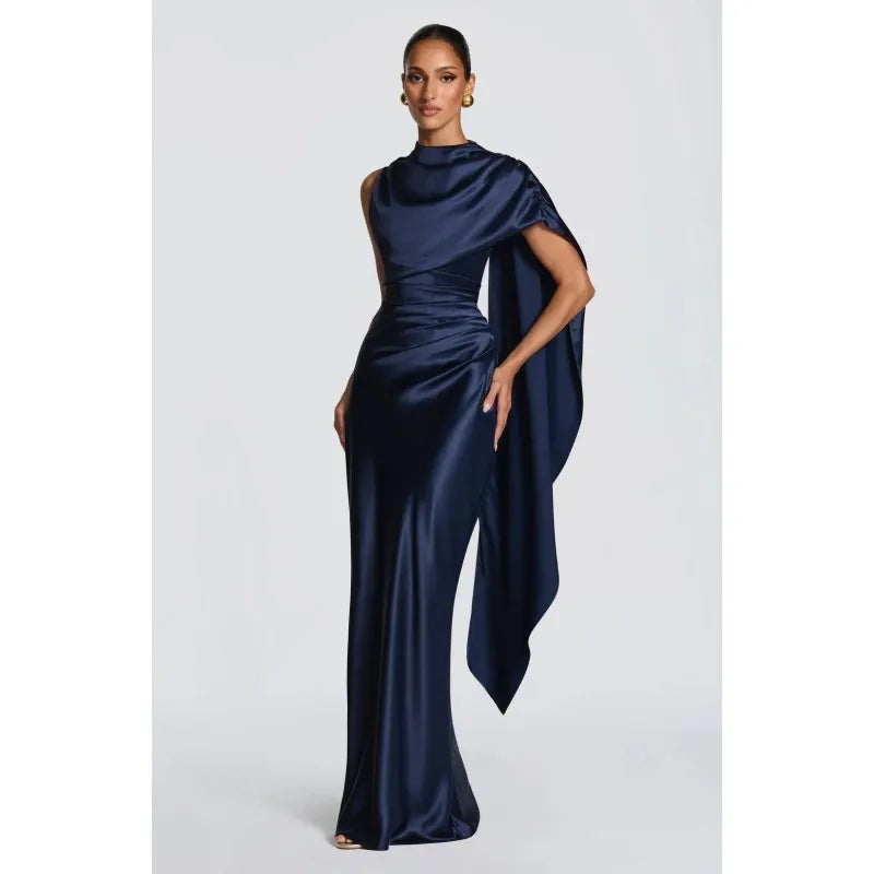 Women's Elegant Party Dresses Draped Cape Satin Evening Gown, High Neck Corset Back Formal Dress with Ruched Waist 2026