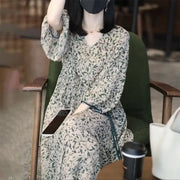 Floral Dress for Women Spring New Style 7-quarter Sleeves Chic Loose Slim Print Skirt Mid-length