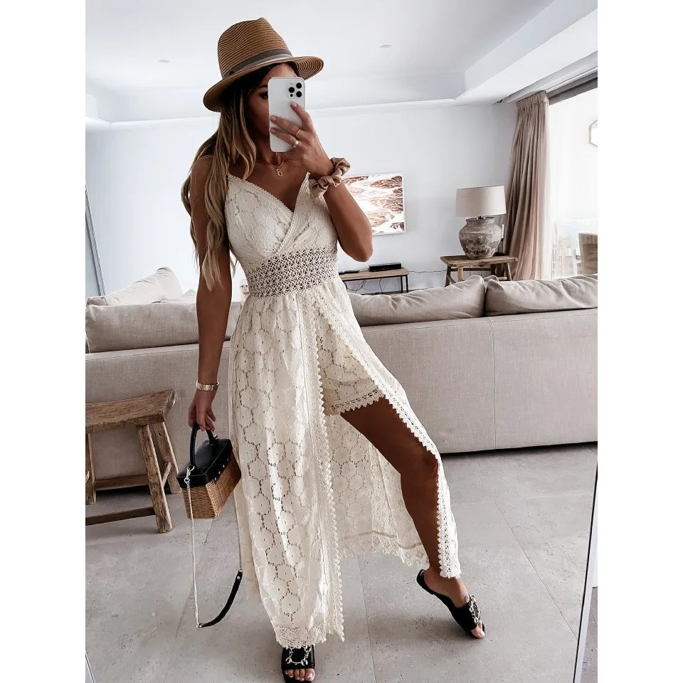 Women's Dress White Hollow Out Cotton Sundress Lace Sleeveless Long Splicing Summer Party Elegant Evening Woman Skirt Clothing