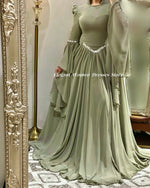 Load image into Gallery viewer, Muslim Women Evening Dresses Long Sleeve Summer Chiffon Party Dresses A Line Sage Green Prom Dress فساتين سهرة Customized