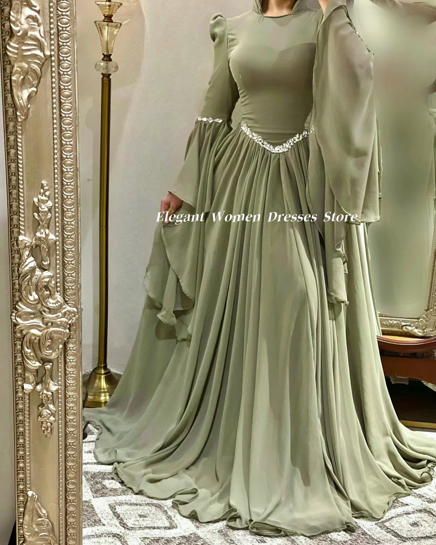 Muslim Women Evening Dresses Long Sleeve Summer Chiffon Party Dresses A Line Sage Green Prom Dress فساتين سهرة Customized