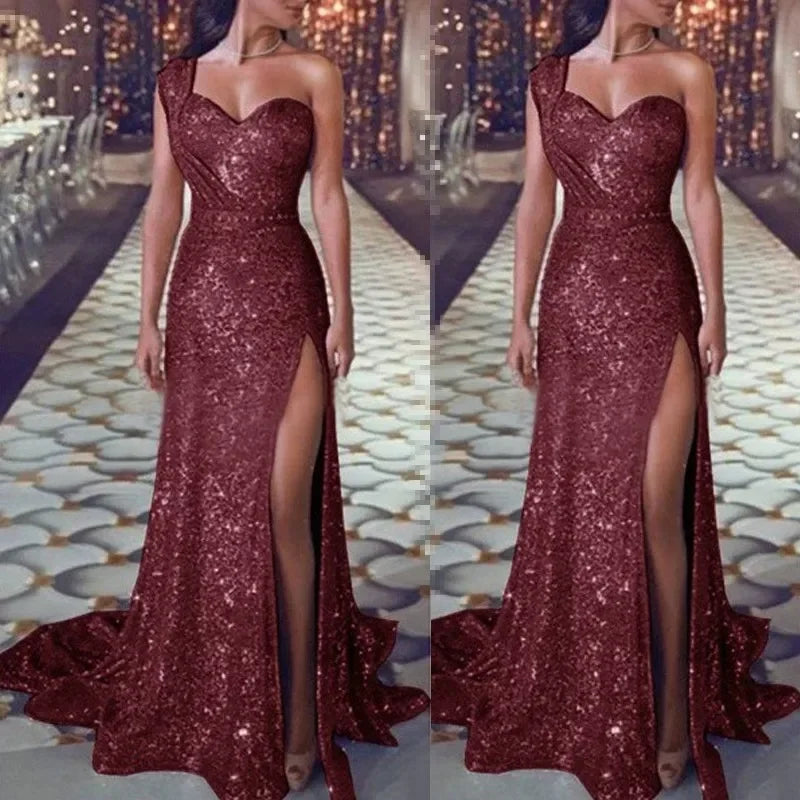 2026 Women's Wedding Party Dress Evening Elegant Sexy Deep V Neck One Shoulder Sleeveless Sequined Long Maxi Dresses For Women