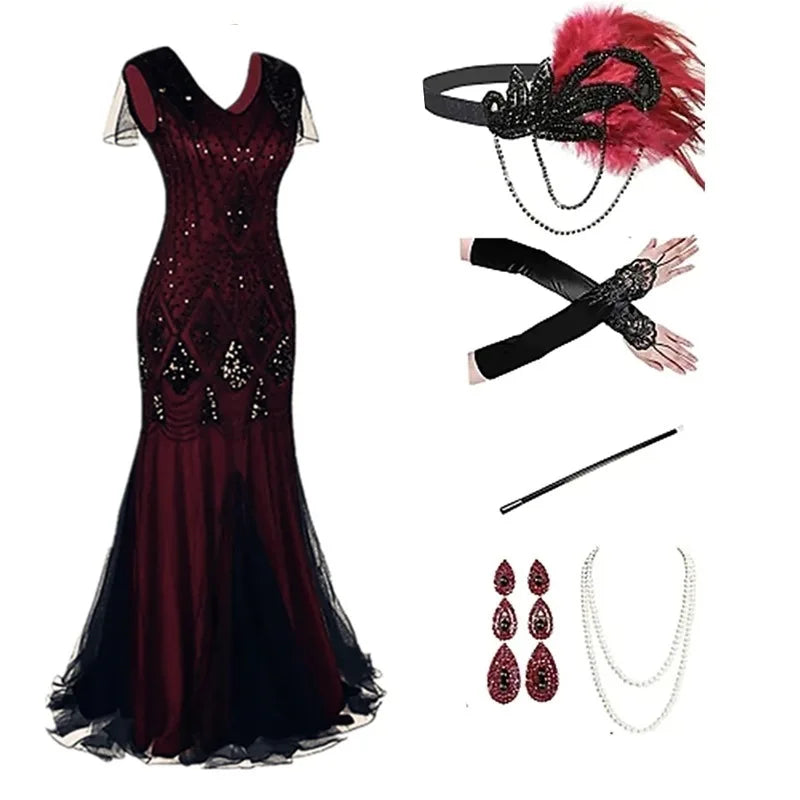 Women 1920s Flapper Dress with Accessories Dark Red Vintage V-Neck Ballroom Party Sequin Dress with Tassel Hem Evening Gown
