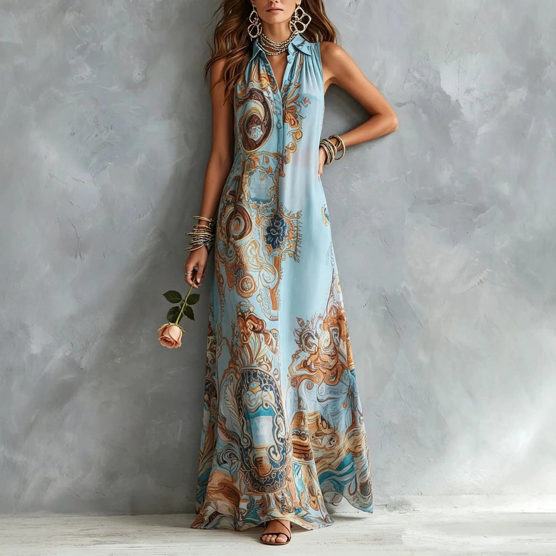 Elegant Sleeveless Long Dress for Women Digital Print Turndown Collar Single-breasted Dresses Flowy Casual Boho Summer Vestido