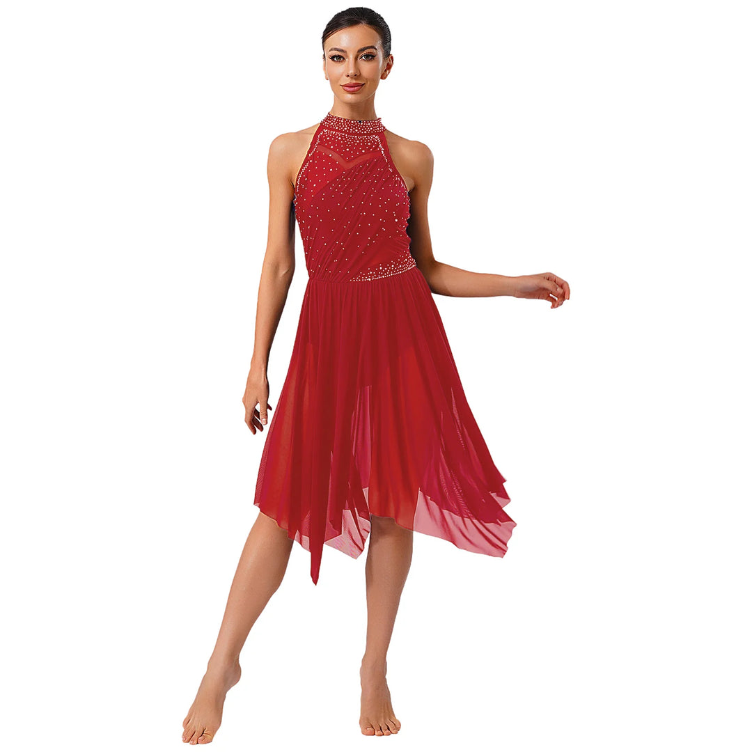 Women Lyrical Dance Dress Halter Glittery Rhinestones Patchwork Irregular Mesh Ruffled Hem Dress for Dance Classes Competition