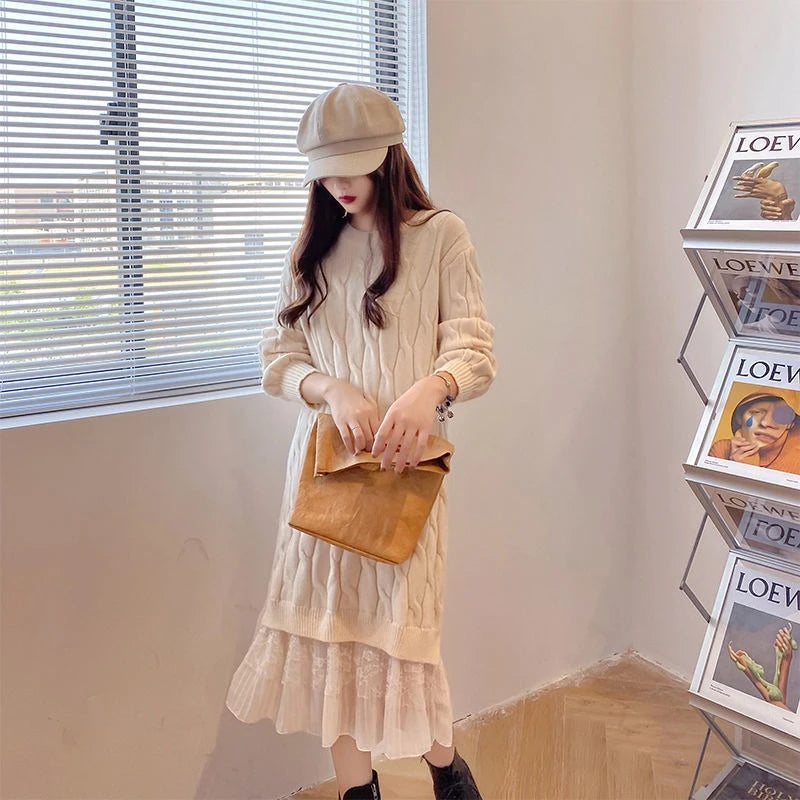 Woman Knitted Dress Pink Casual Trend Essential Cool Comfortable Clearance Sale Deals Korean Crochet Dresses For Women Splicing