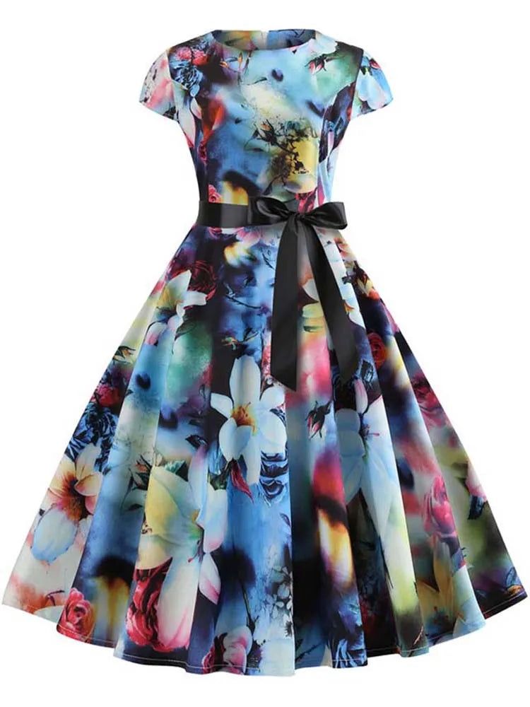 Women Summer Music Note Print Dress 50s 60s Robe Retro Swing Casual Vintage Party Dresses Vestidos