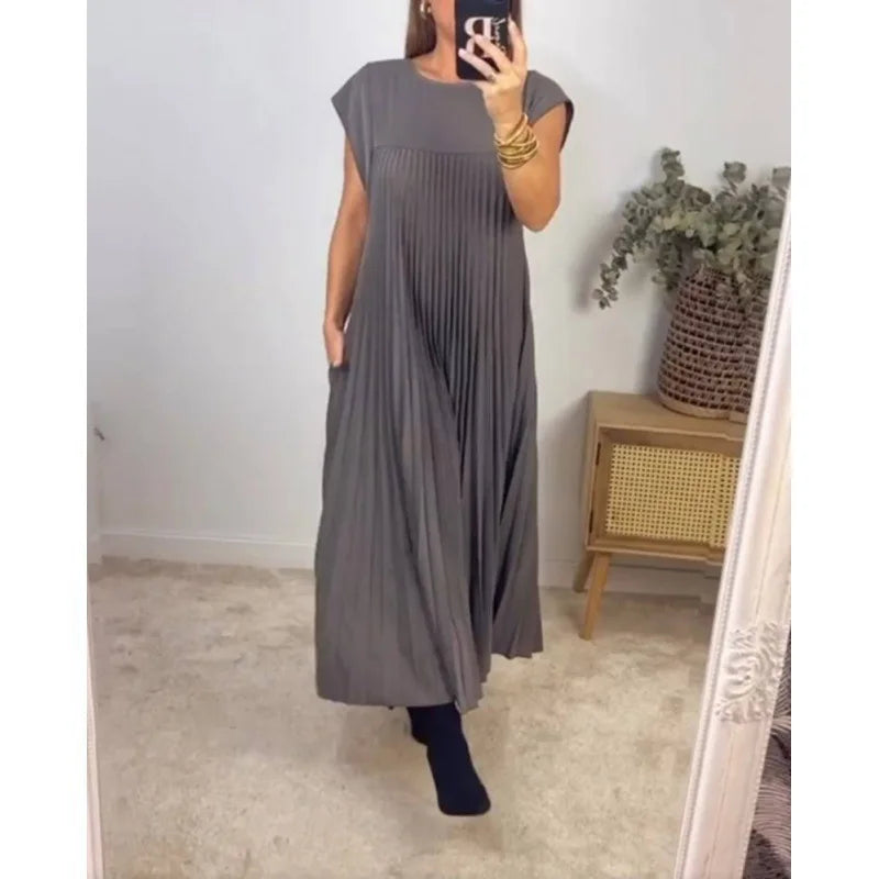 Women's Sleeveless Dress, Mid-Length Pleated Solid-Colour Round Neck Loose-Fit Casual Long Dress for Everyday Commuting