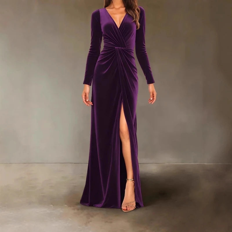 Velvet Dress for Women 2025 Autumn Winter New V-neck Slim Twist High Waist Evening Dress Sexy Solid Color Pleated A-line Dresses