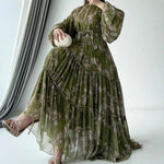 Load image into Gallery viewer, Muslim Women's Dress Casual Fashion Middle Eastern Chiffon Round Neck Tie-Dye with Belt Long Temperament Elegant Arab Dress