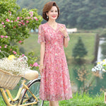 Load image into Gallery viewer, Women Summer Casual Dress Ladies Middle-aged Print Short Sleeve Pleated Dresses Female Vintage V-neck Vestidos