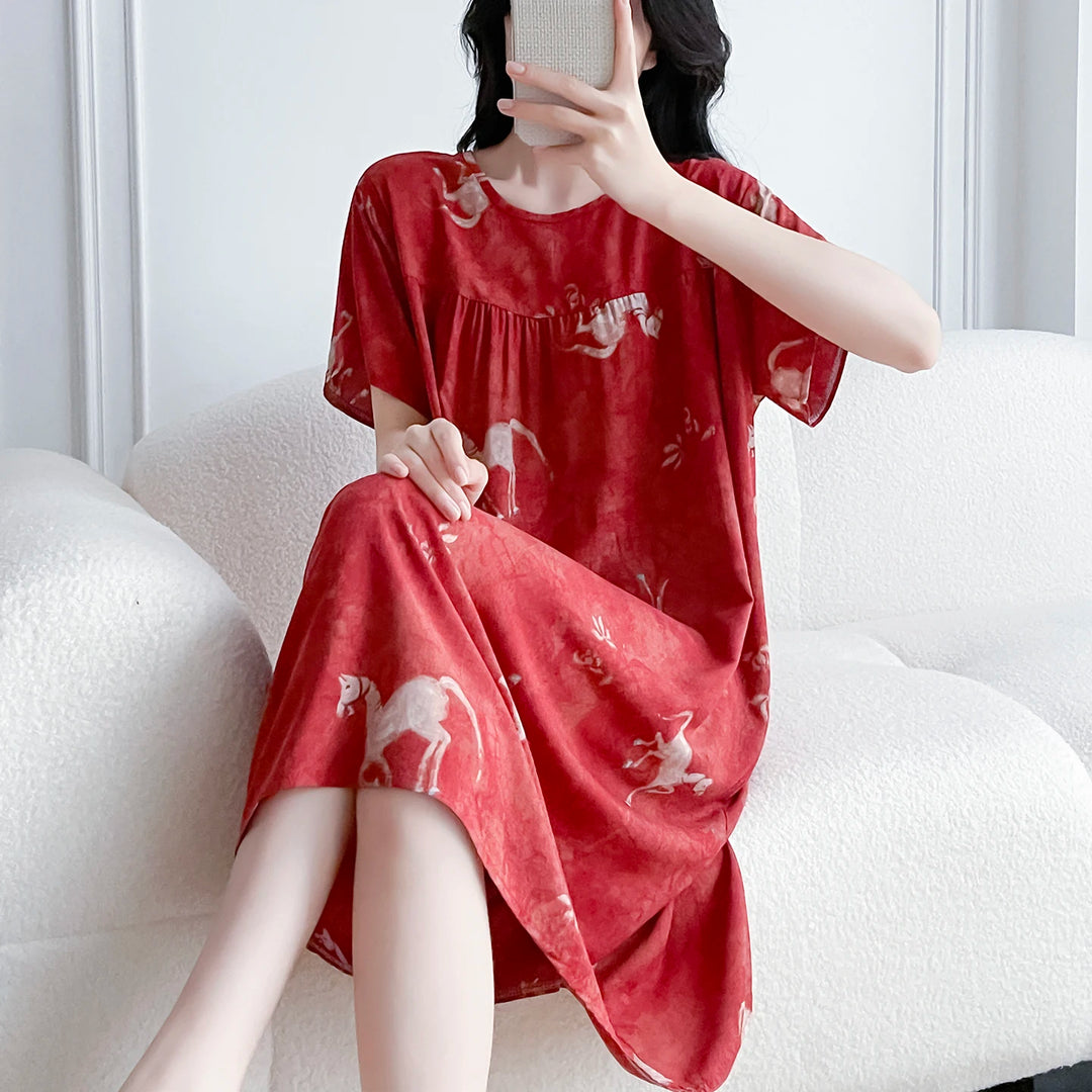 Women's Cotton Silk Sleep Dress Thin Short Sleeve Long Summer Breathable Sweat Absorbent Outerwear Casual Home Leisure Print