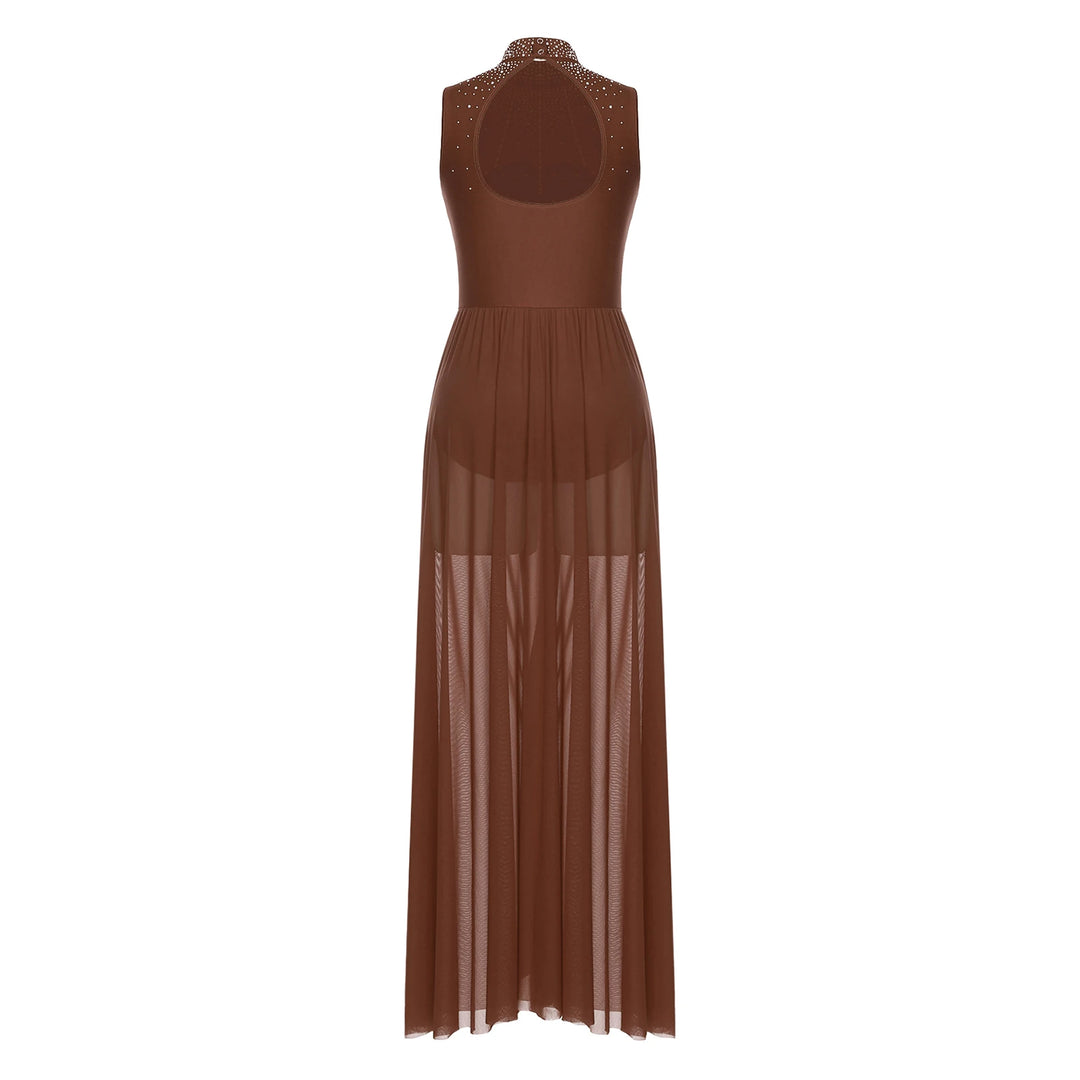 Womens Lyrical Dance Dresses Mock Neck Wide Hemline Shiny Rhinestones Maxi Dress Sleeveless Modern Contemporary Leotard Dresses