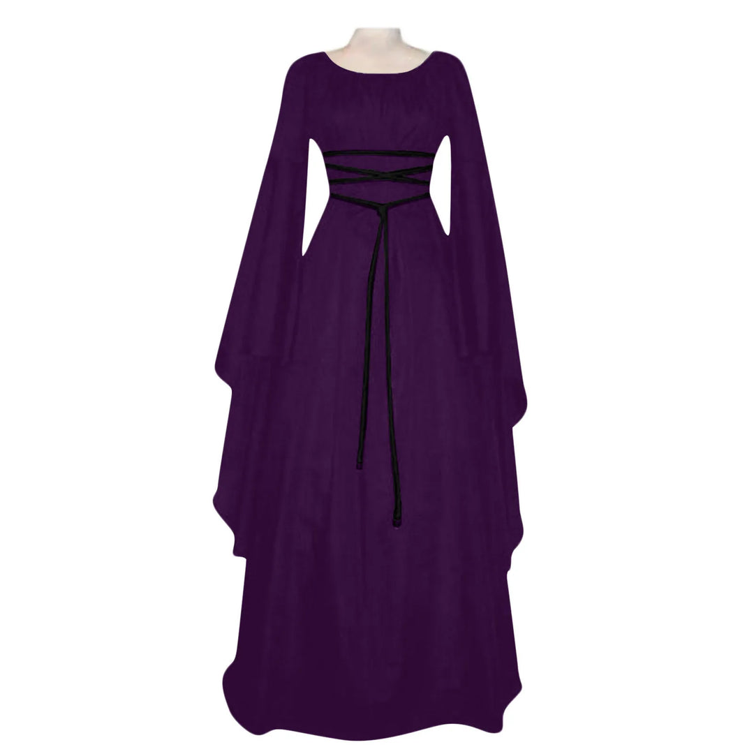 Women'S Halloween Costume Long Sleeved Round Neck Lace-Up Waist Irregular Dresses Medieval Retro Elegant Evening Dress