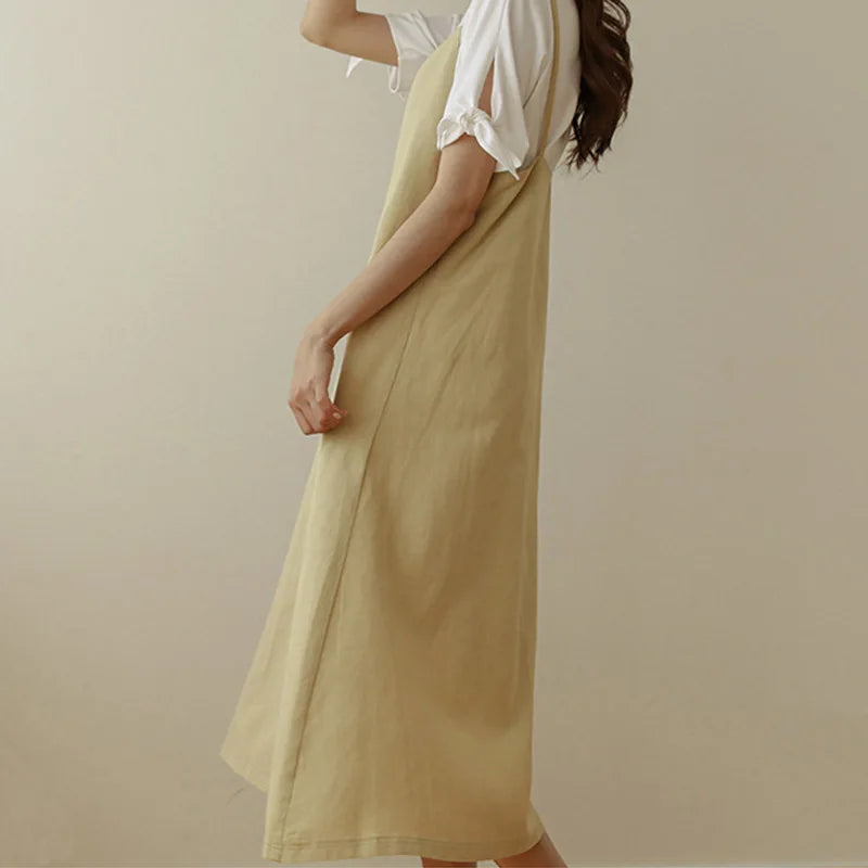 Dresses for Women 2025 Loose Elegant Dress Woman Sexy Sleeveless Spaghetti Strap Pockets Cotton Off The Shoulder Dress KE1409