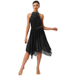 Load image into Gallery viewer, Women Lyrical Dance Dress Halter Glittery Rhinestones Patchwork Irregular Mesh Ruffled Hem Dress for Dance Classes Competition