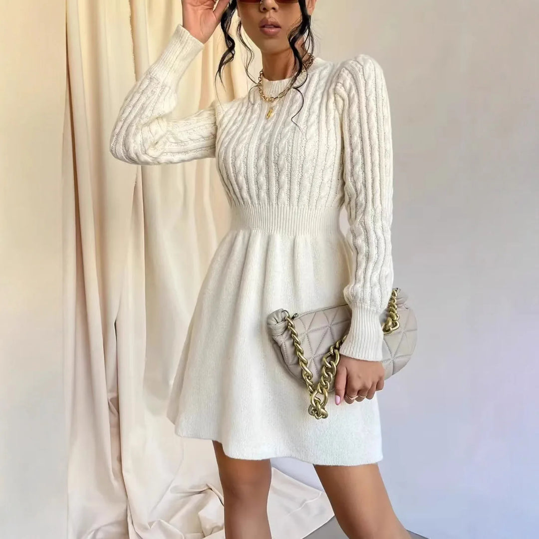 Knitted Dress Women 2025 Autumn Winter New Waist-tied Round Neck Ribbed Pattern Dress