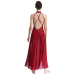 Load image into Gallery viewer, Women Lyrical Dance Dress Modern Contemporary Dancewear Halter Strappy Back Rhinestones Split Dress for Performance Competition