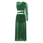 Load image into Gallery viewer, Womens Modern Lyrical Contemporary Dance Costume Cutout Round Neck Dress Side Split Sheer Mesh Dresses Performance Outfits