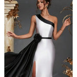 Load image into Gallery viewer, Women's Black White Evening Dress 2026 One Shoulder Flowers Ball Gown Silt Satin Formal Party Dress Vestdos De Fiesta Customized