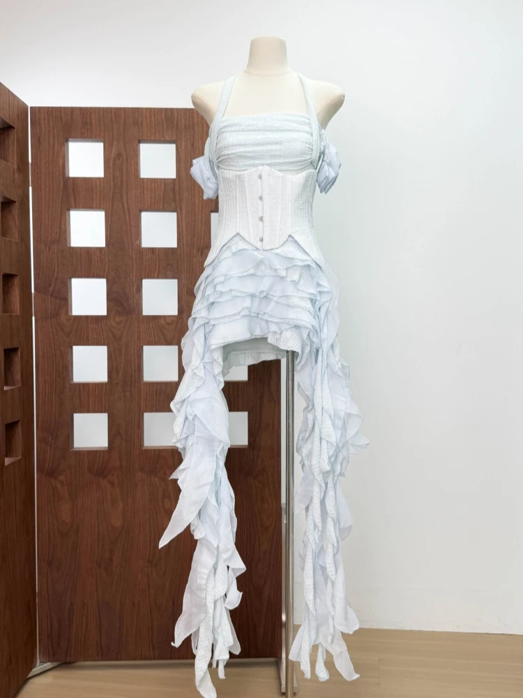 Women Ruffles Draped Dress Three Piece Sets Sexy Halter Neck Folds Ruffled Dress+Lace-up Corset Top+Shorts Suits Party Cocktail