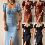 Load image into Gallery viewer, Elegant Dresses Women Summer Sexy Dress 2024 New V-Neck Single Breasted Short Puff Sleeves Solid High Waist Hem Split Midi Dress