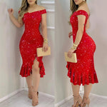 Load image into Gallery viewer, Women's Party Dress Sexy Off Shoulder Split Ruffle Solid Bodycon Knee-length Dress Fashion Glitter Party Elegant Dresses Vestido