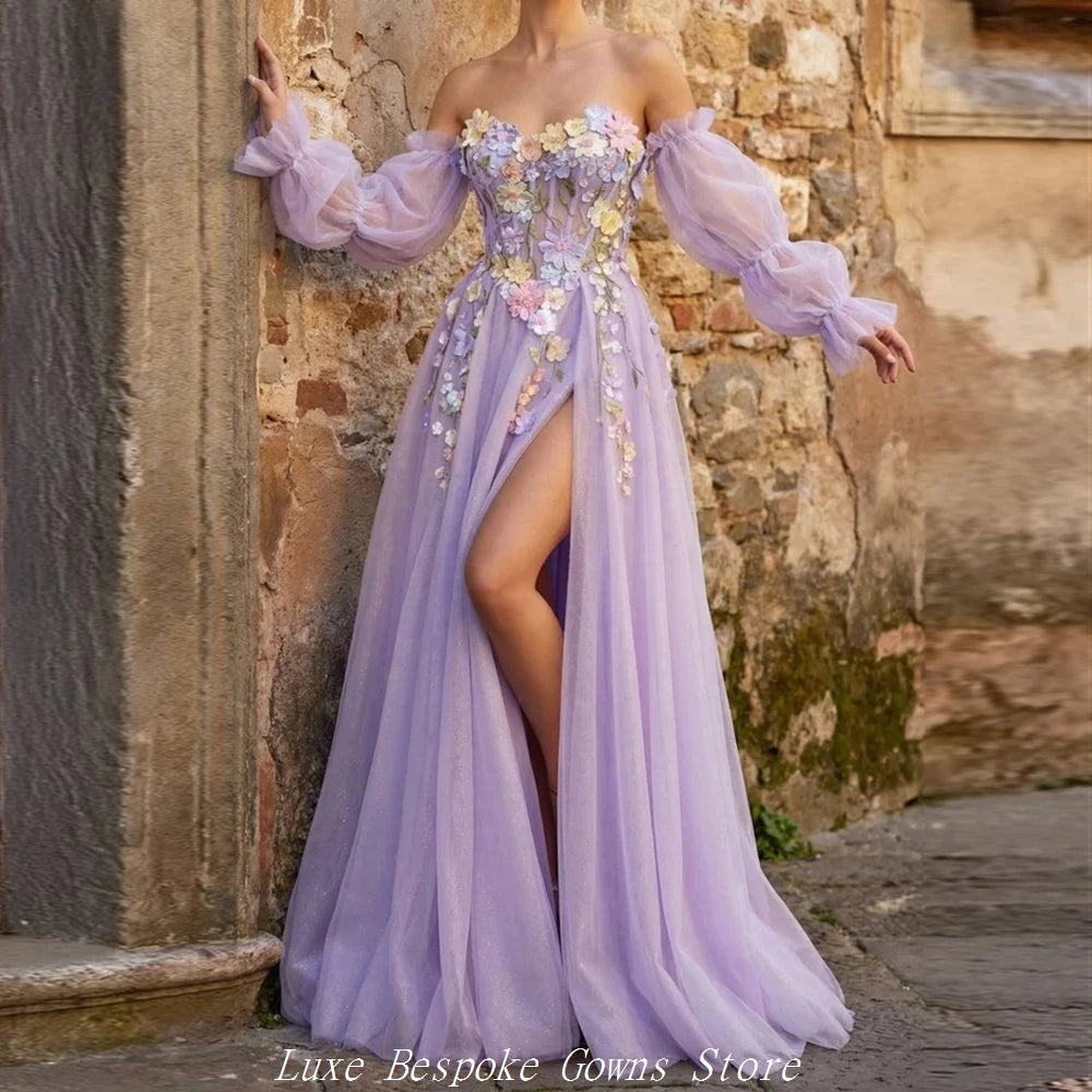 Women's A-line Evening Dresses Floor-length Off The Shoulder Full Sleeve Prom Dresses Fashion Flowers Draped Customized Gowns