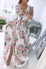 Load image into Gallery viewer, Women's Dress Summer Autumn Chiffon Slim Printed Pleated Stitching Dress Women Long Sleeve V-neck High Waist Slit Bohemian Dress