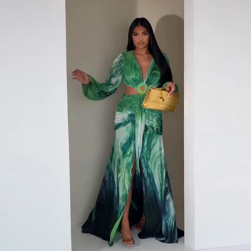 Women's Dress 2025 Fashion Summer New Vestidos Para Mujer Women's Vacation Elegant Style Long Sleeve Split Printed Slit Dresses