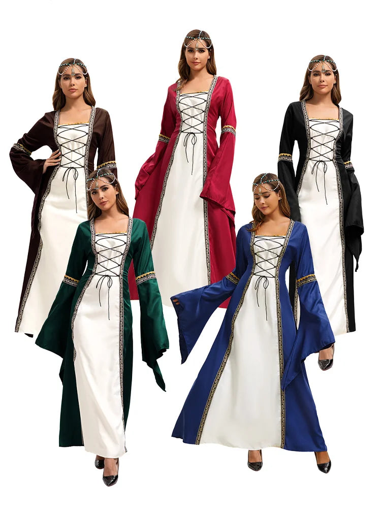 Women’s Medieval Costume Halloween Fashion Dress Vintage Full-Skirted Long-Sleeved Dress Lace-Detail Party and Casual Dress