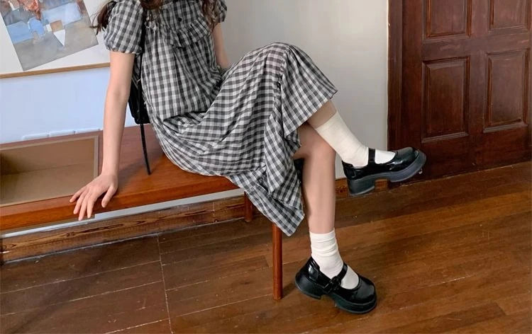 2026 Summer Dress for Women, College Style Black and Gray Design Fungus Lace Splicing Mid-length Skirt Fairy