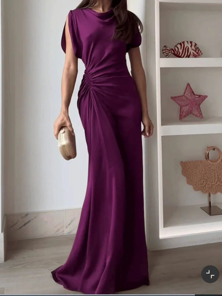 Casual O-neck Draped Gowns Dress Elegant Hight Waist Slim Fit Evening Dress Vestidos  Women Fashion Temperament Solid Long Dress