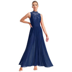 Load image into Gallery viewer, Women Lyrical Dance Dress Halter Glittery Rhinestones Patchwork Irregular Mesh Ruffled Hem Dress for Dance Classes Competition