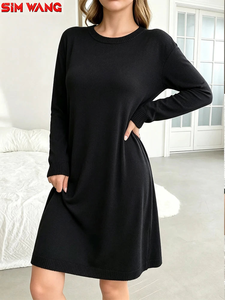 Long-Sleeved Dress for Women. Loose Round-Neck Long-Style Solid-Color Basic Home-Style Casual Dress.